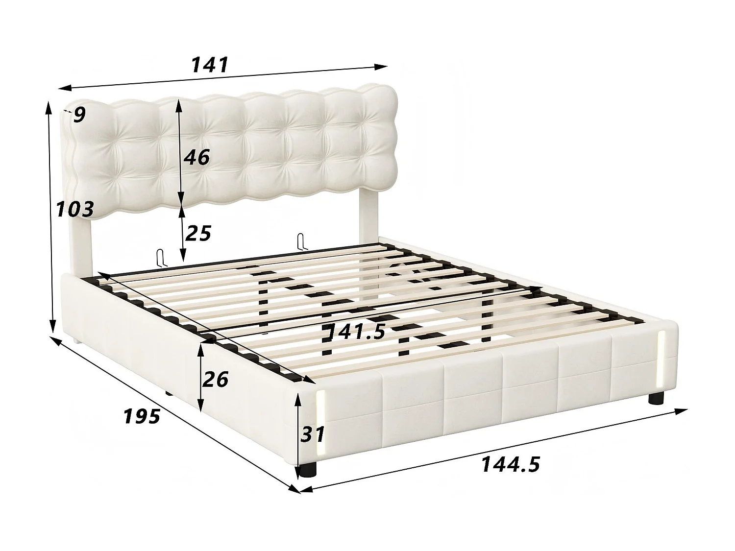 Lit coffre 140x190 cm avec tête de lit - Détecteur LED - Velours beige - Sommier à lattes et espace de rangement hydraulique