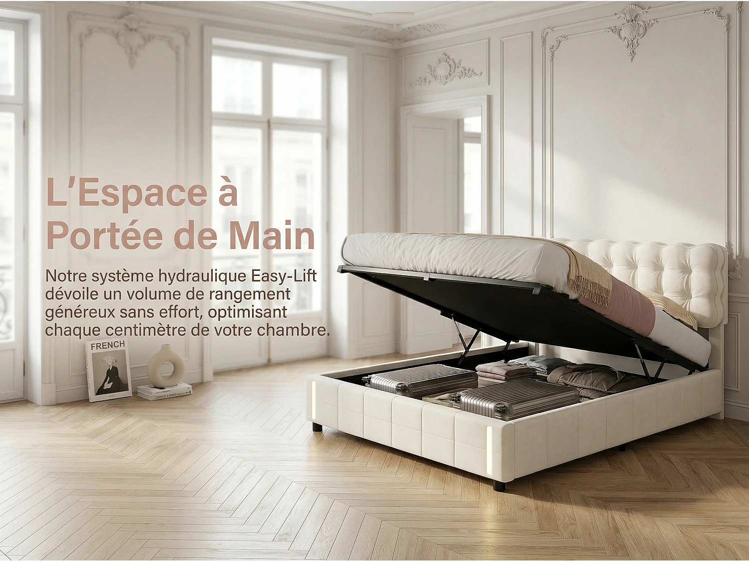 Lit coffre 140x190 cm avec tête de lit - Détecteur LED - Velours beige - Sommier à lattes et espace de rangement hydraulique