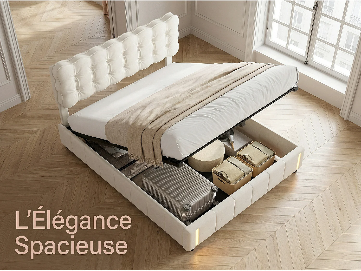 Lit coffre 140x190 cm avec tête de lit - Détecteur LED - Velours beige - Sommier à lattes et espace de rangement hydraulique