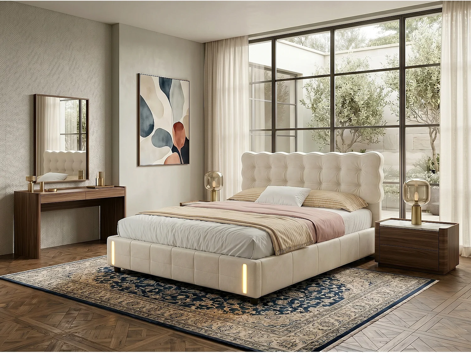 Lit coffre rembourré 140x190cm - Lit double - avec LED - Velours - Beige, sommier à lattes (matelas non inclus)