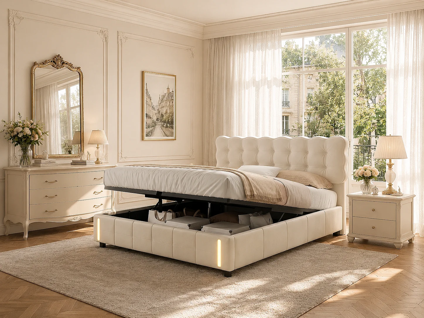 Lit coffre rembourré 140x190cm - Lit double - avec LED - Velours - Beige, sommier à lattes (matelas non inclus)