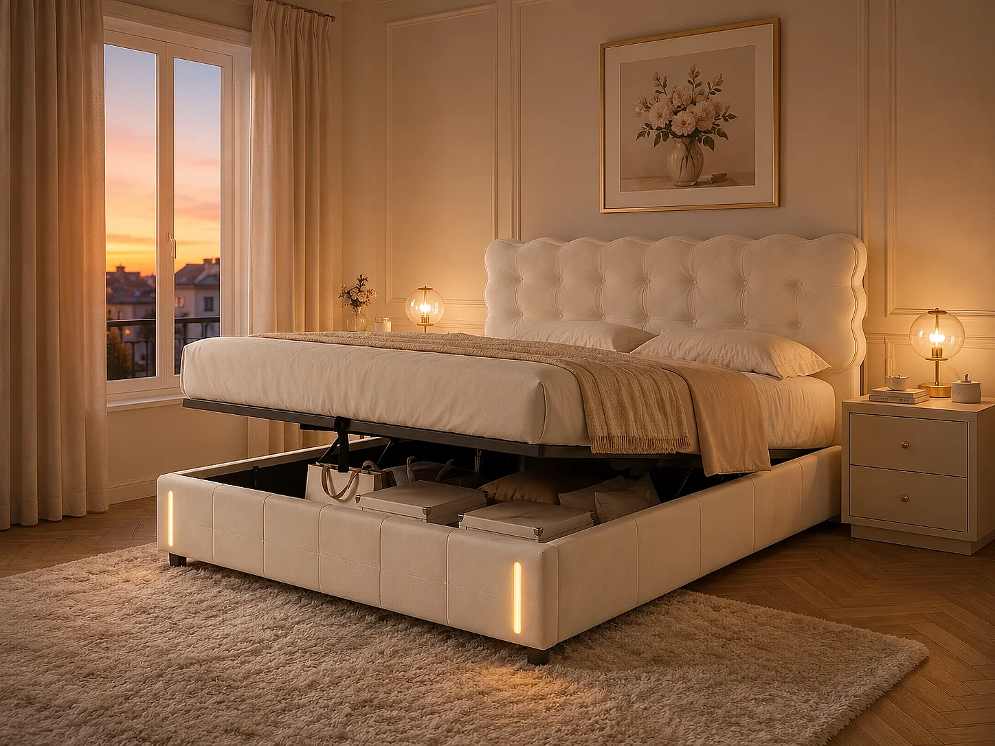 Lit coffre rembourré 140x190cm - Lit double - avec LED - Velours - Beige, sommier à lattes (matelas non inclus)