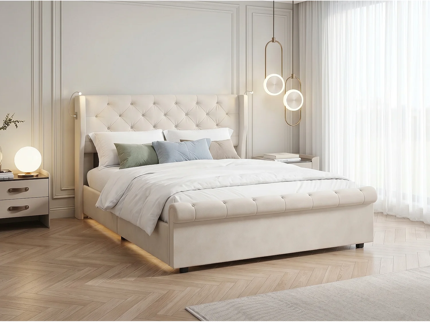 Lit coffre 160x200 cm avec tête de lit - Velours - Sommier à lattes et rangement hydraulique