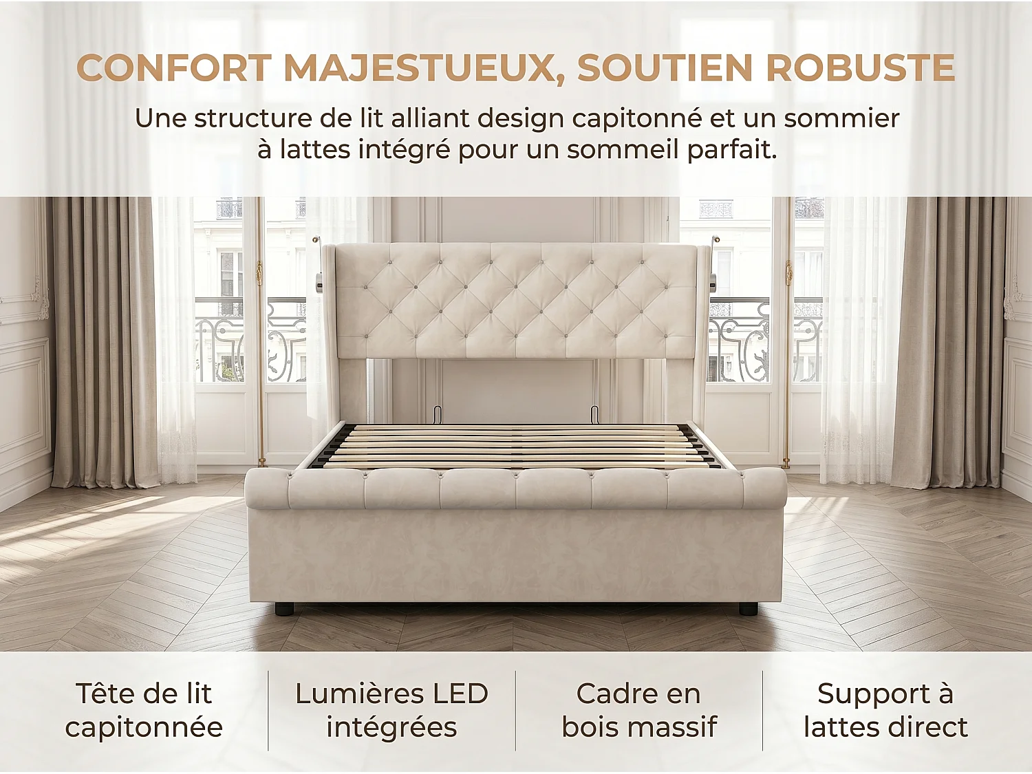 Lit coffre 160x200 cm avec tête de lit - Velours - Sommier à lattes et rangement hydraulique