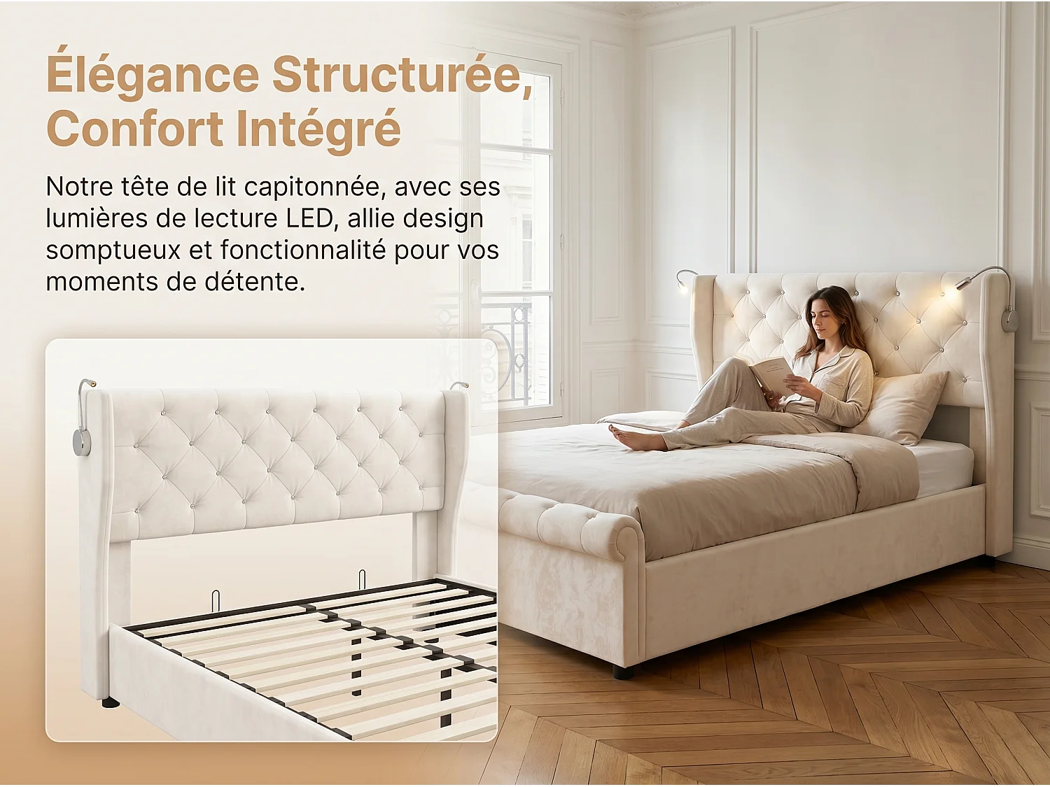 Lit coffre 160x200 cm avec tête de lit - Velours - Sommier à lattes et rangement hydraulique
