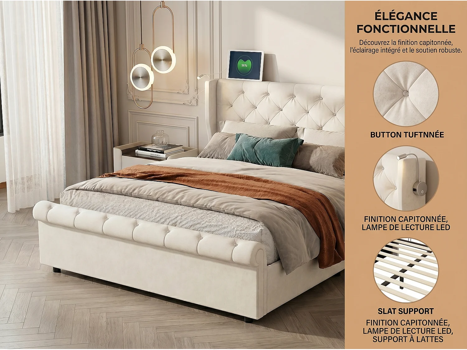 Lit coffre 160x200 cm avec tête de lit - Velours - Sommier à lattes et rangement hydraulique