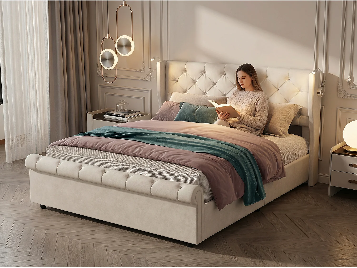Lit coffre 160x200 cm avec tête de lit - Velours - Sommier à lattes et rangement hydraulique