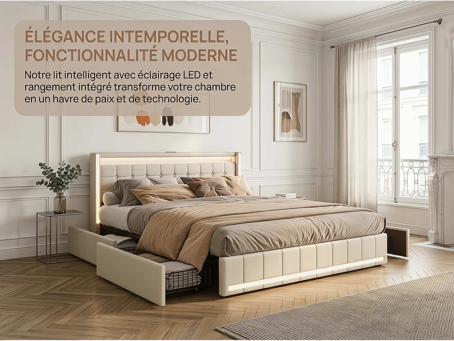 Lit coffre 140 x 190 cm - Tissu lin beige - LED, USB et tête de lit avec étagères