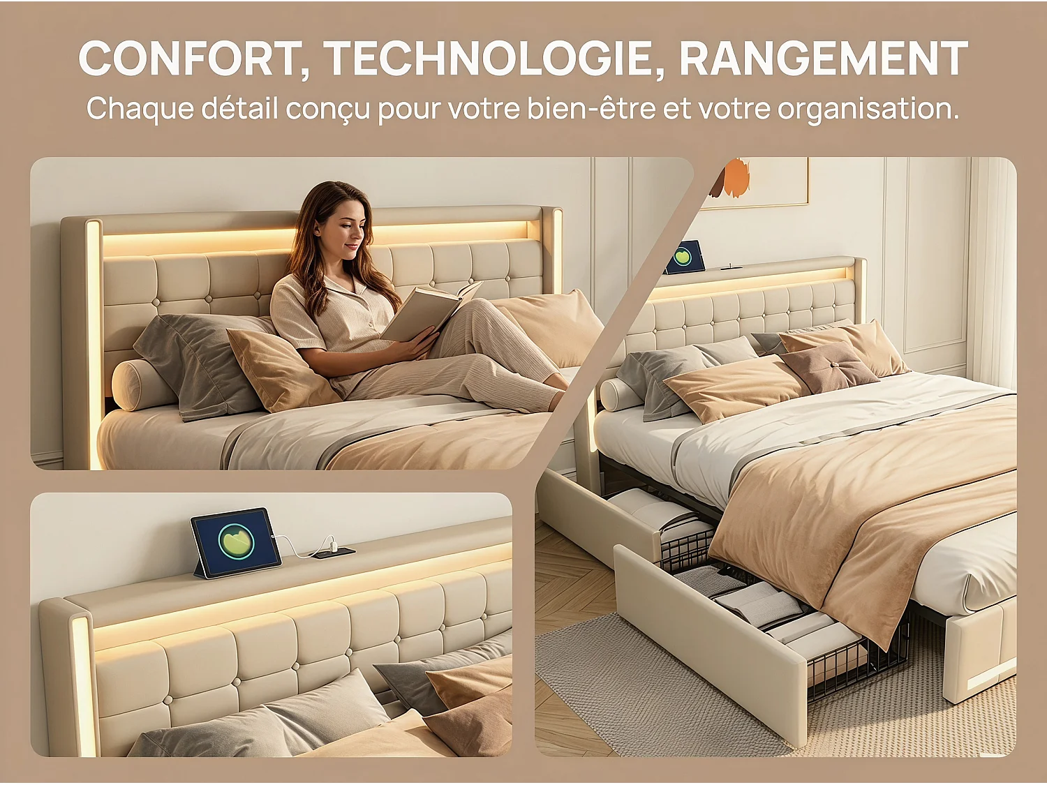 Lit coffre 140 x 190 cm - Tissu lin beige - LED, USB et tête de lit avec étagères