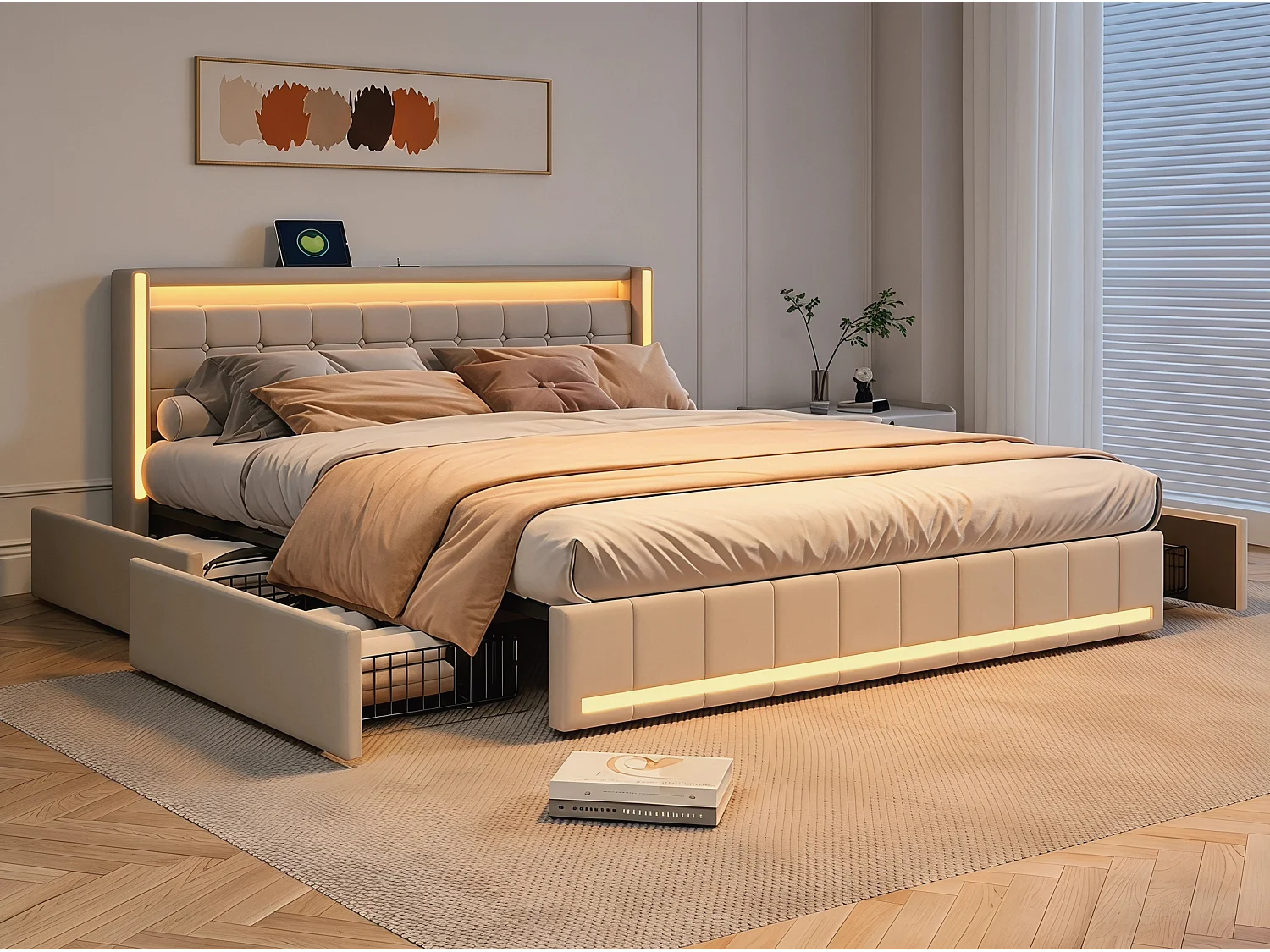Lit coffre 140 x 190 cm - Tissu lin beige - LED, USB et tête de lit avec étagères