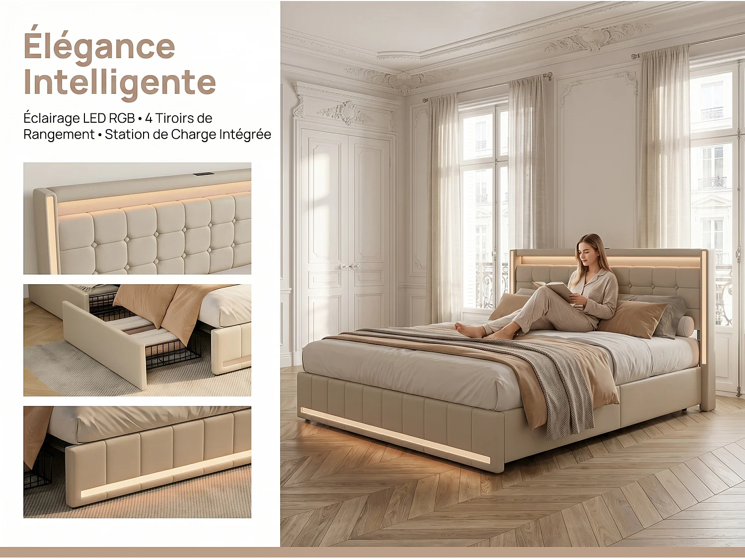 Lit coffre 140 x 190 cm - Tissu lin beige - LED, USB et tête de lit avec étagères