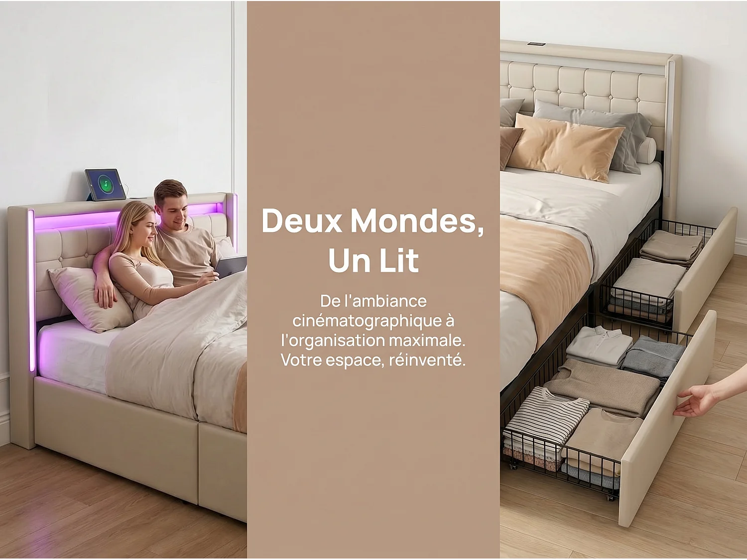Lit coffre 140 x 190 cm - Tissu lin beige - LED, USB et tête de lit avec étagères