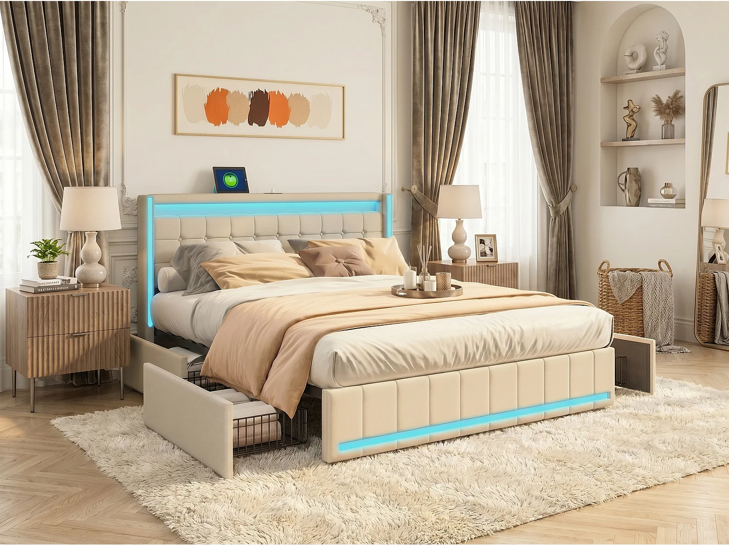 Lit coffre 140 x 190 cm - Tissu lin beige - LED, USB et tête de lit avec étagères