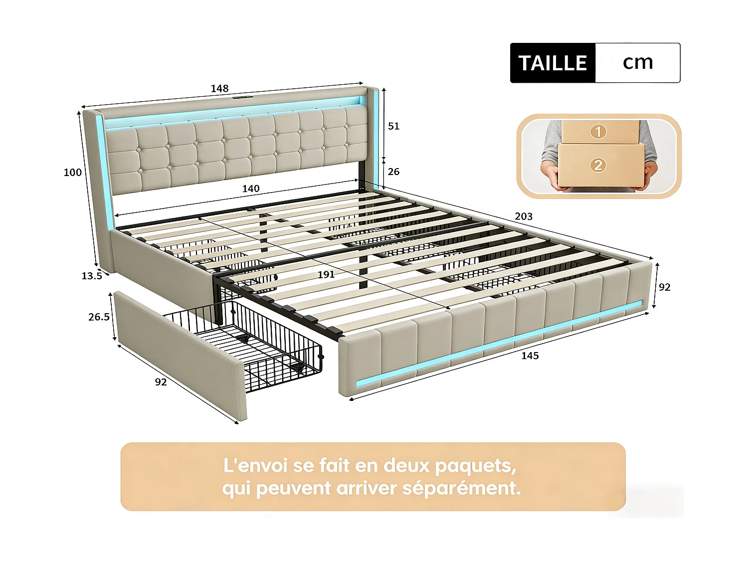 Lit coffre 140 x 190 cm - Tissu lin beige - LED, USB et tête de lit avec étagères