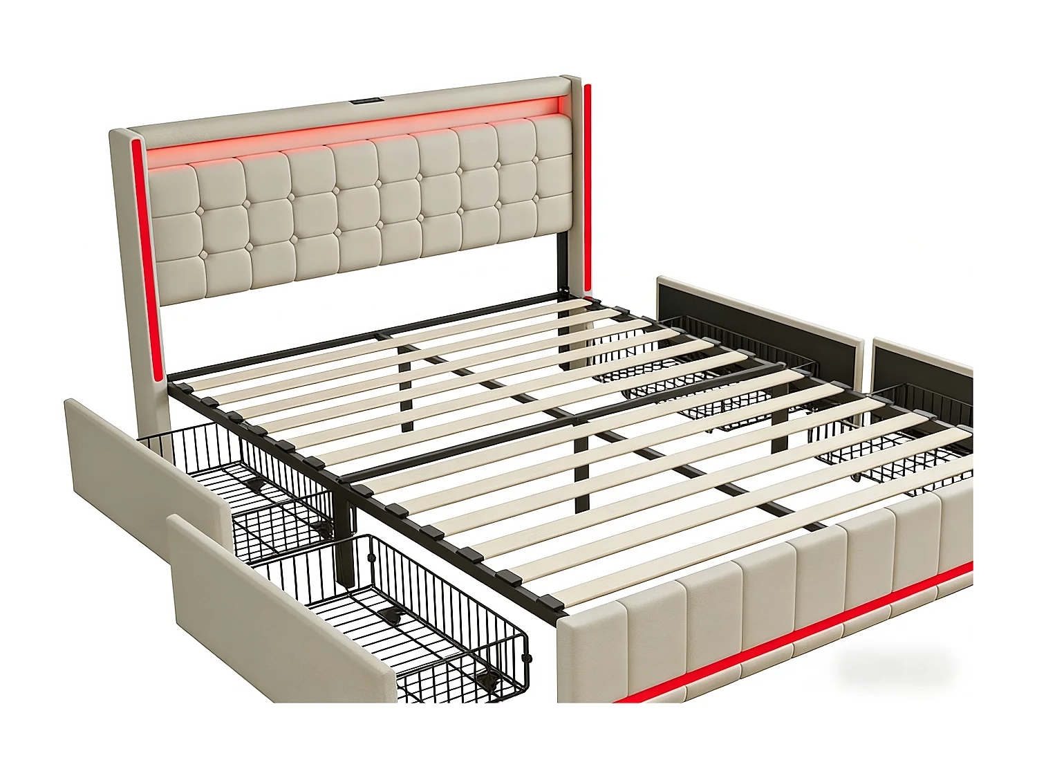 Lit coffre 140 x 190 cm - Tissu lin beige - LED, USB et tête de lit avec étagères