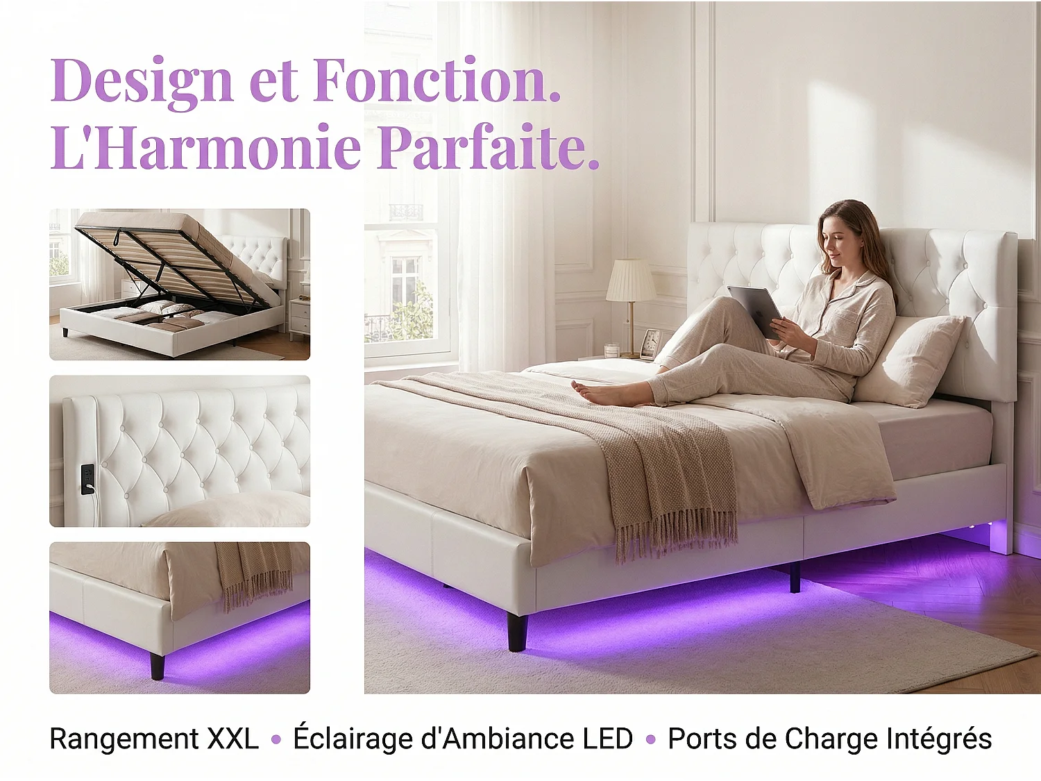 Lit coffre capitonné 160x200 cm avec tête de lit - LEDs - Coloris blanc - Sommier à lattes et espace de rangement