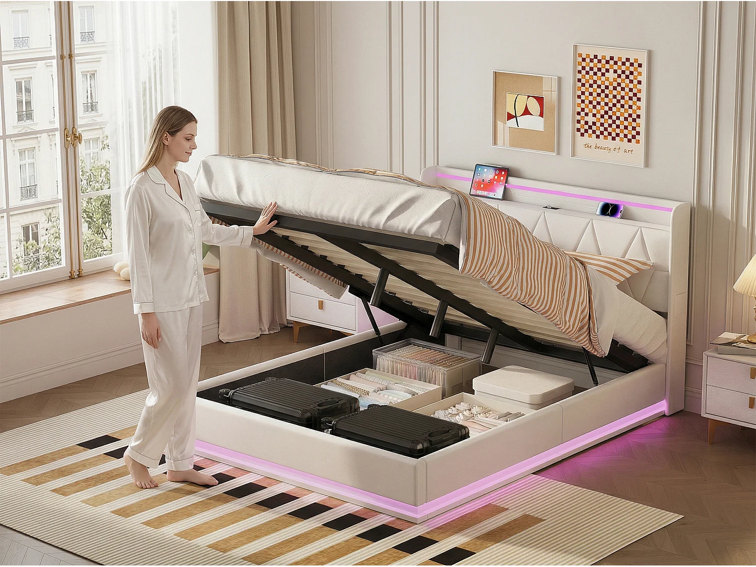 Lit coffre capitonné 160x200 cm avec tête de lit - LEDs - Coloris blanc - Sommier à lattes et espace de rangement