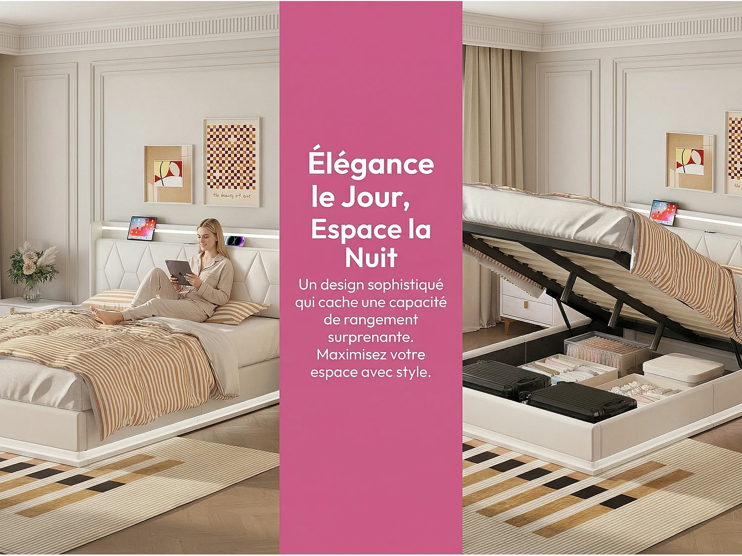 Lit coffre capitonné 160x200 cm avec tête de lit - LEDs - Coloris blanc - Sommier à lattes et espace de rangement