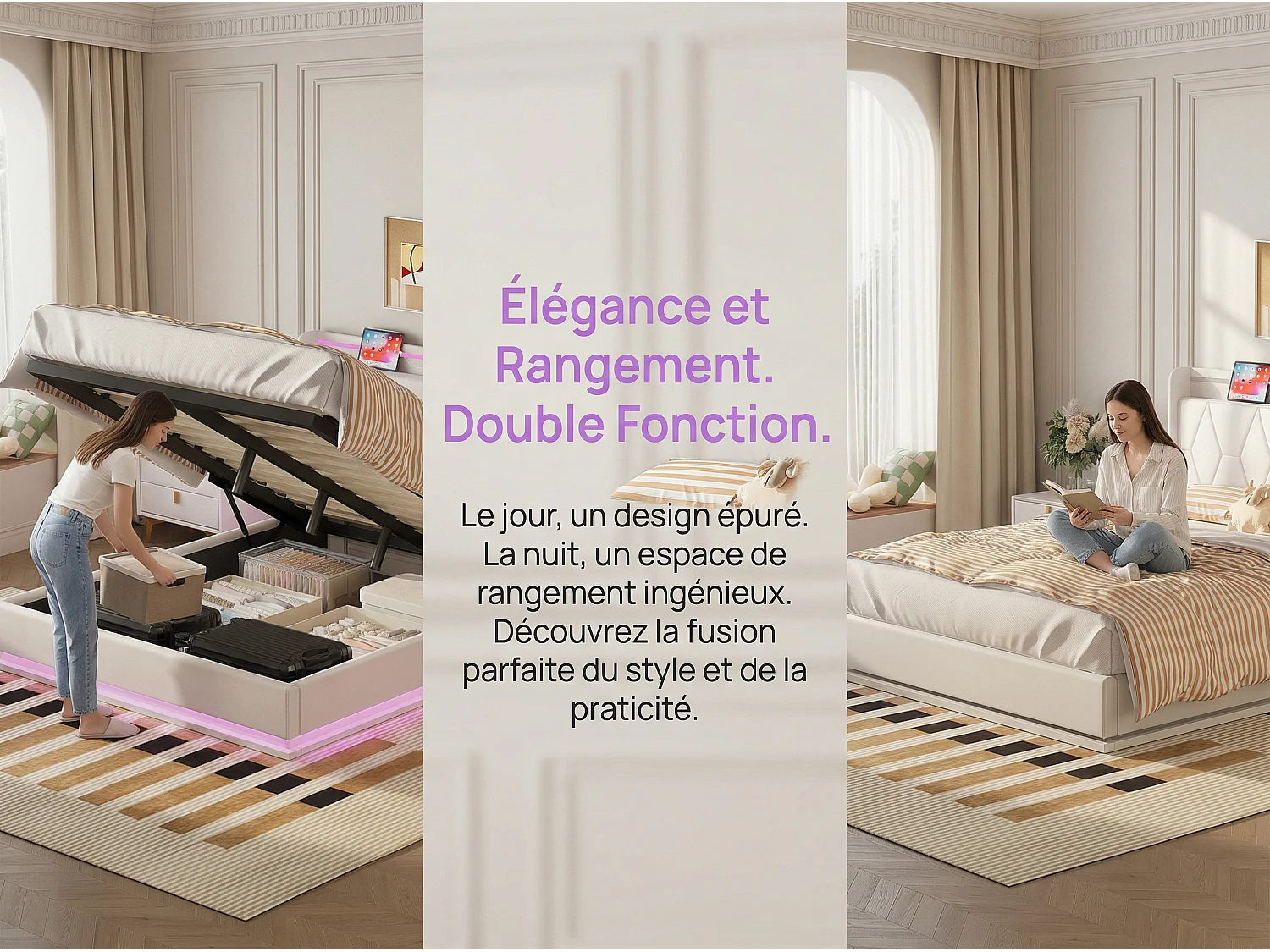 Lit coffre capitonné 160x200 cm avec tête de lit - LEDs - Coloris blanc - Sommier à lattes et espace de rangement