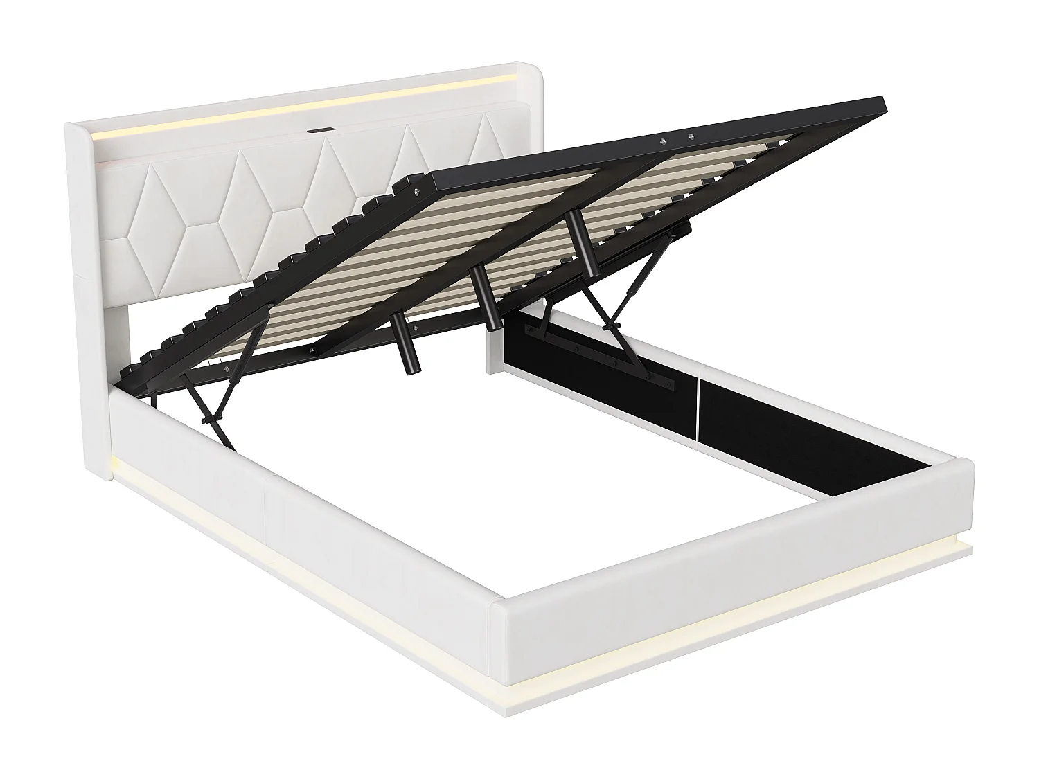 Lit coffre capitonné 160x200 cm avec tête de lit - LEDs - Coloris blanc - Sommier à lattes et espace de rangement