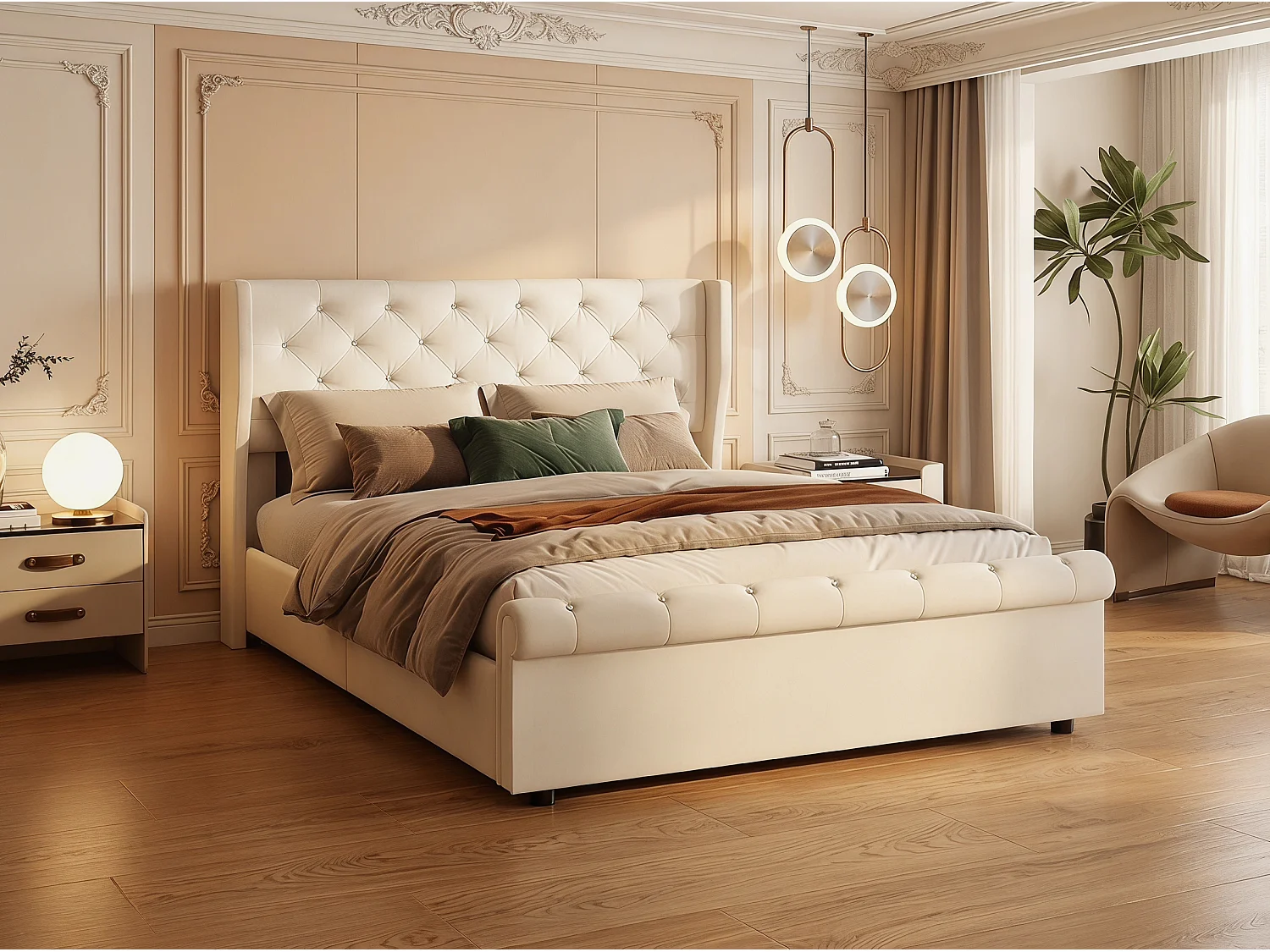 Lit coffre 140x190 cm avec tête de lit - Lampes LED - Velours beige - Port USB - Sommier à lattes et espace de rangement hydraulique