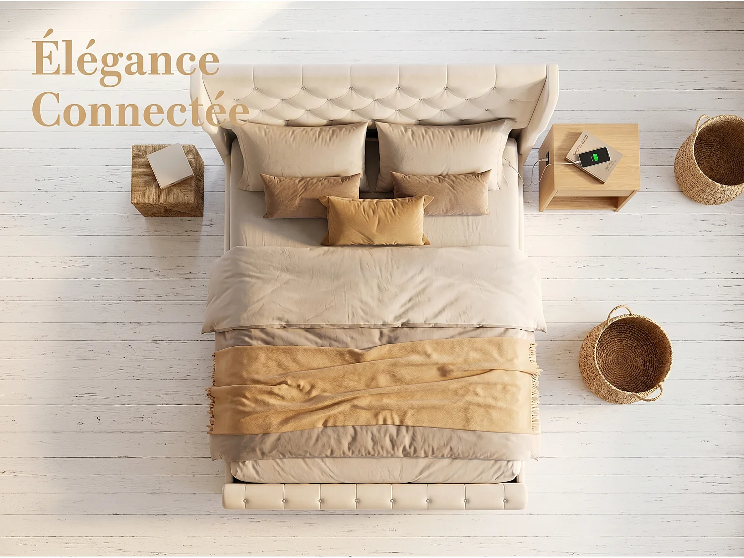 Lit coffre 140x190 cm avec tête de lit - Lampes LED - Velours beige - Port USB - Sommier à lattes et espace de rangement hydraulique