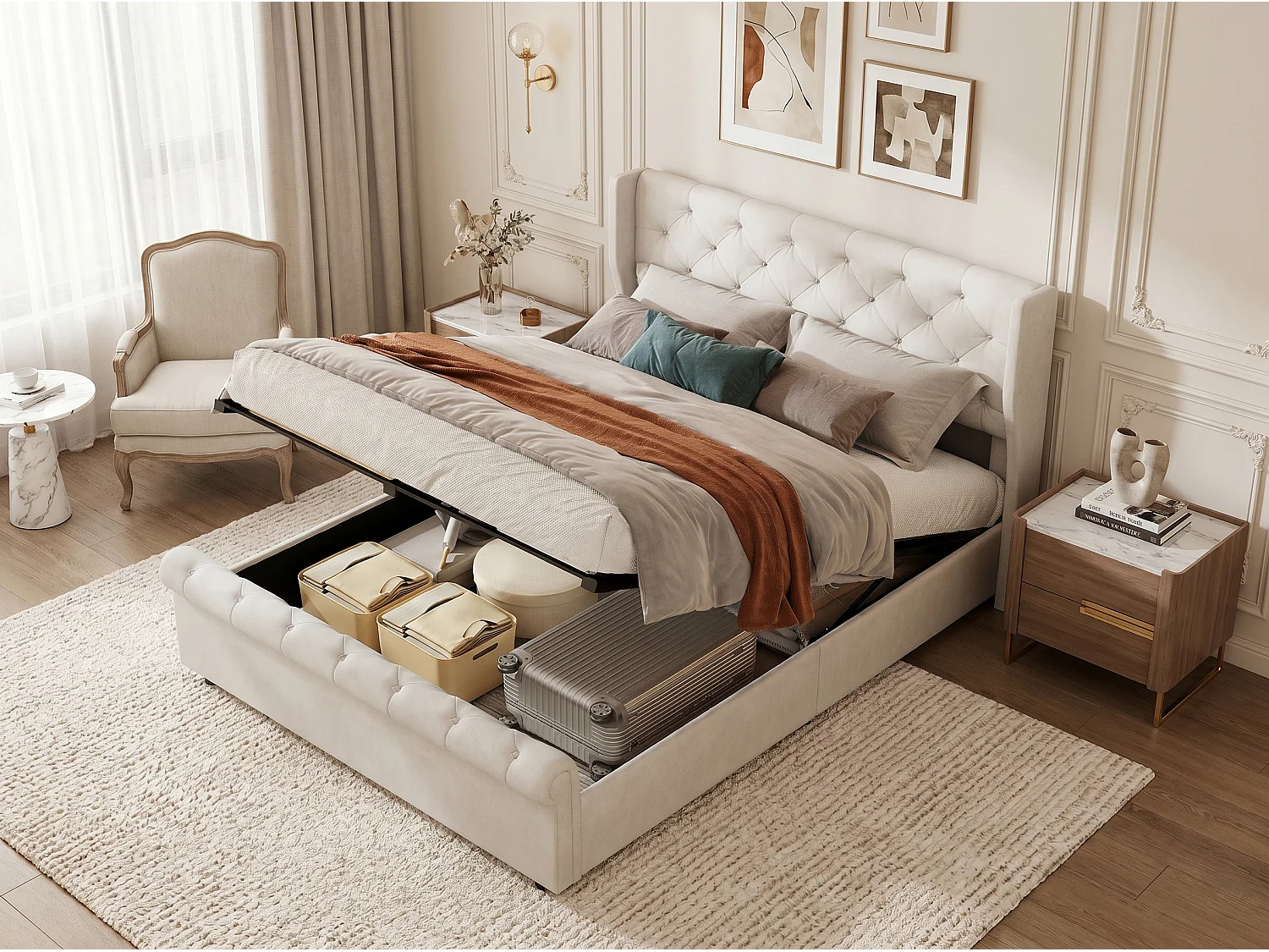 Lit coffre 140x190 cm avec tête de lit - Lampes LED - Velours beige - Port USB - Sommier espace de rangement