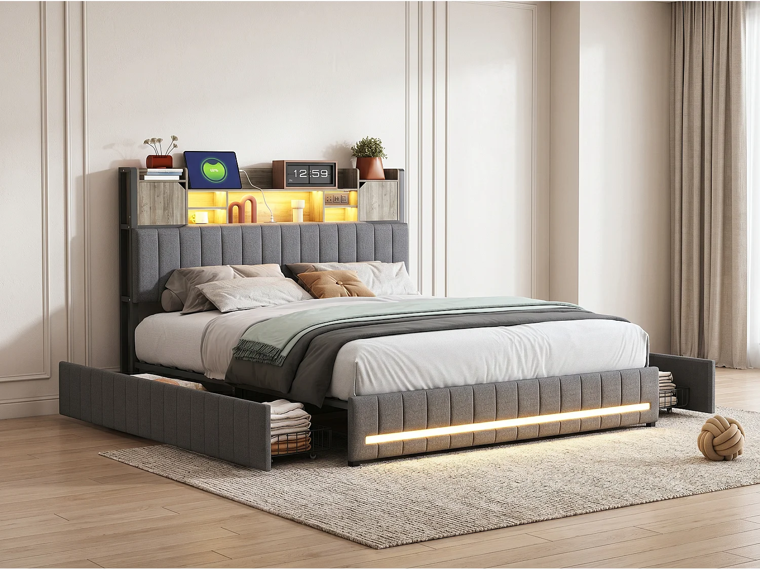 Lit coffre rembourré 140 x 190 cm - Gris - LED, tiroirs et tête de lit avec rangements