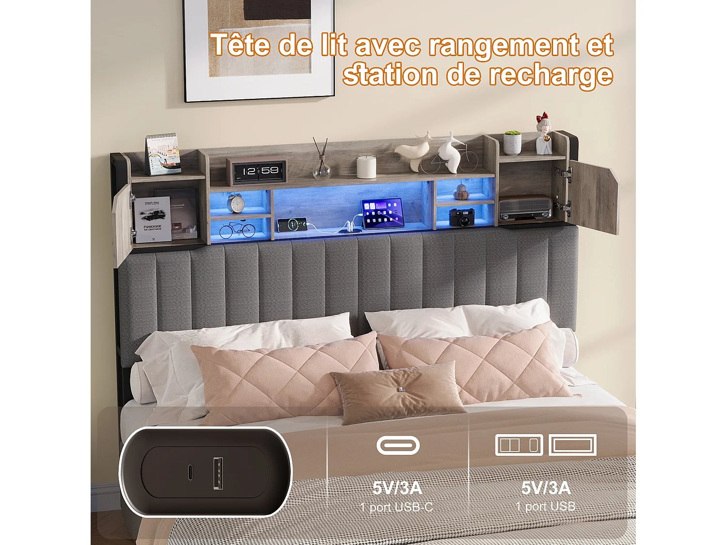 Lit Double 140 x 190 cm adulte avec rangement, 4 tiroirs, tête de lit avec niches et éclairage LED, cadre Rembourré Gris