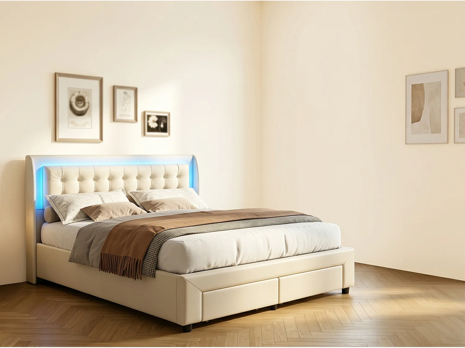 Lit coffre 140x200 cm avec tête de lit éclairée - LEDs RGB - Velours beige - Sommier à lattes - Rangement hydraulique et tiroirs
