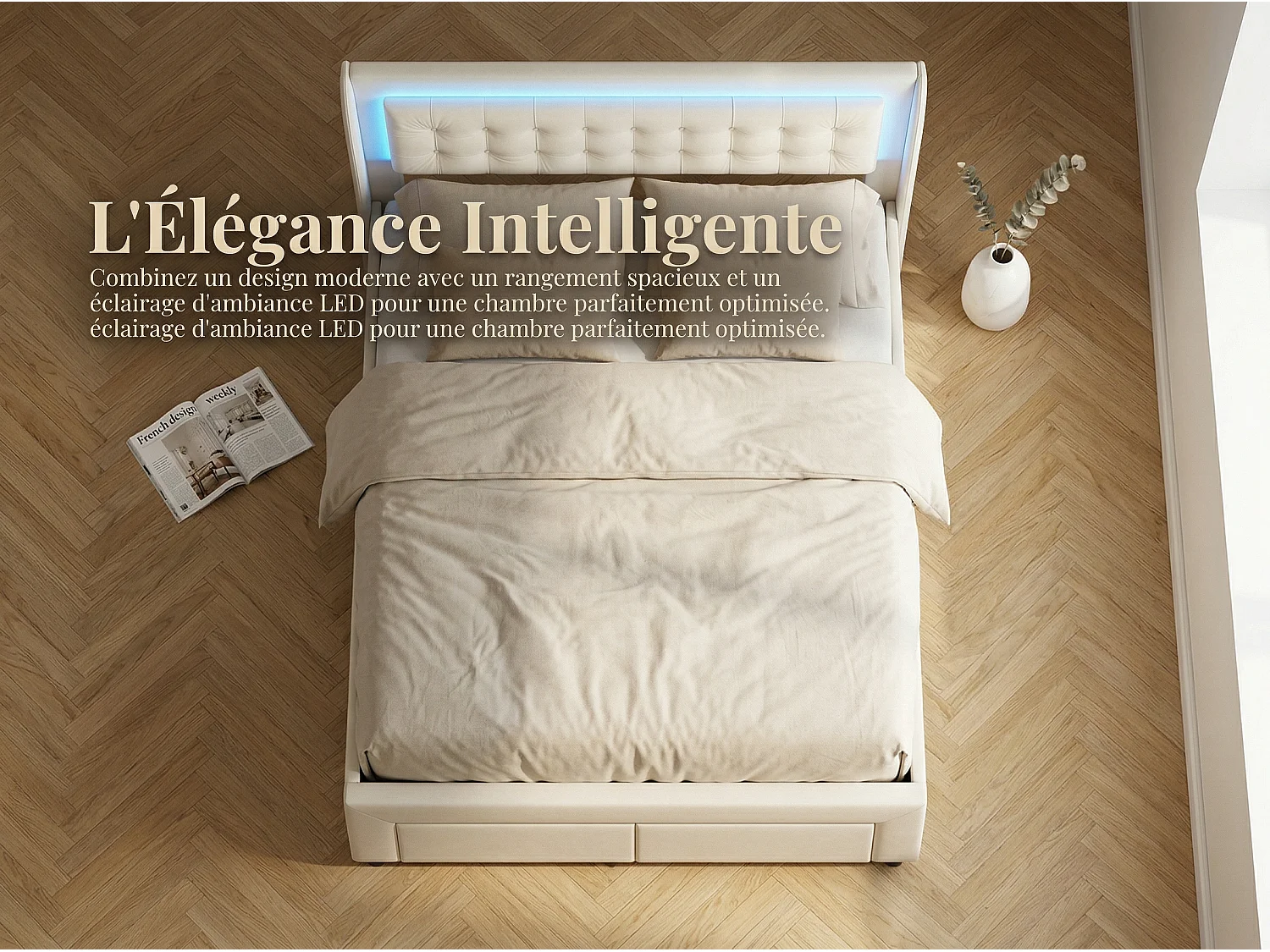 Lit coffre 140x200 cm avec tête de lit éclairée - LEDs RGB - Velours beige - Sommier à lattes - Rangement hydraulique et tiroirs