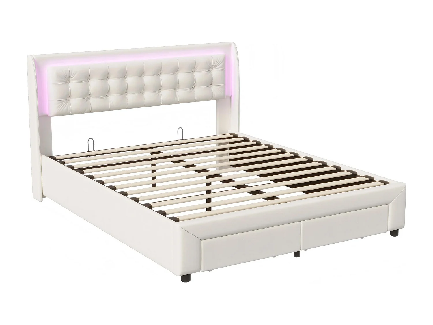 Lit coffre 140x200 cm avec tête de lit éclairée - LEDs RGB - Velours beige - Sommier à lattes - Rangement hydraulique et tiroirs