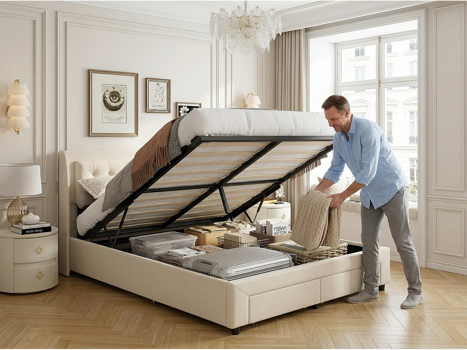 Lit coffre 140x200 cm avec tête de lit éclairée - LEDs RGB - Velours beige - Sommier à lattes - Rangement hydraulique et tiroirs