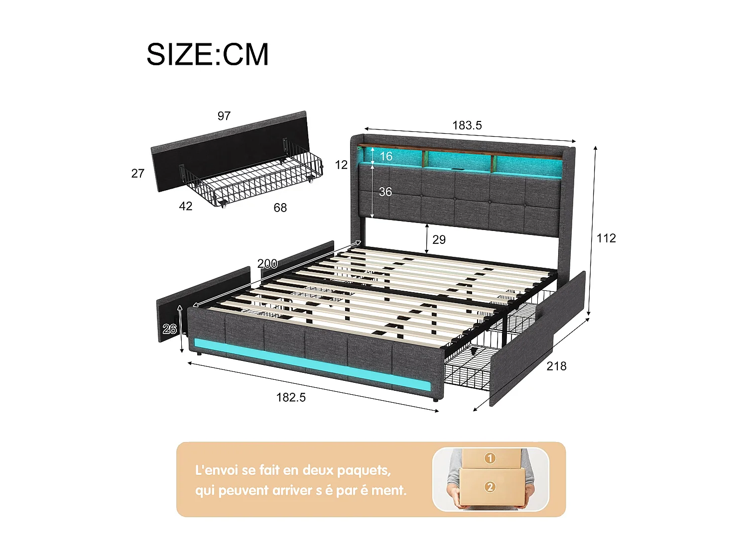 Lit coffre en cuir PU - 180x200cm - avec tête de lit, USB et LED - sommier à lattes - sans matelas