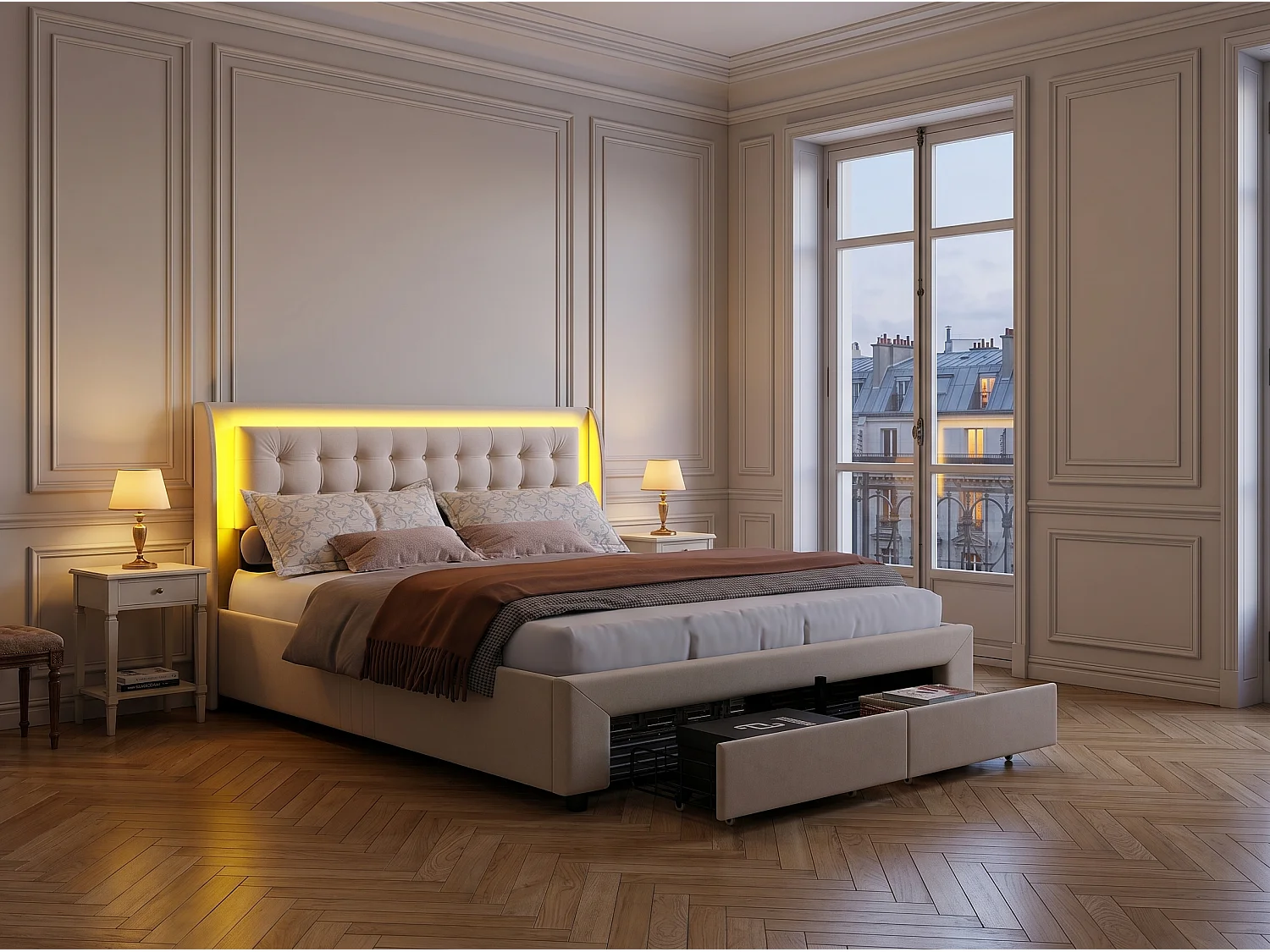 Lit coffre 180x200 cm avec tête de lit éclairée - LEDs RGB - Velours beige - Sommier à lattes - Rangement hydraulique et tiroirs