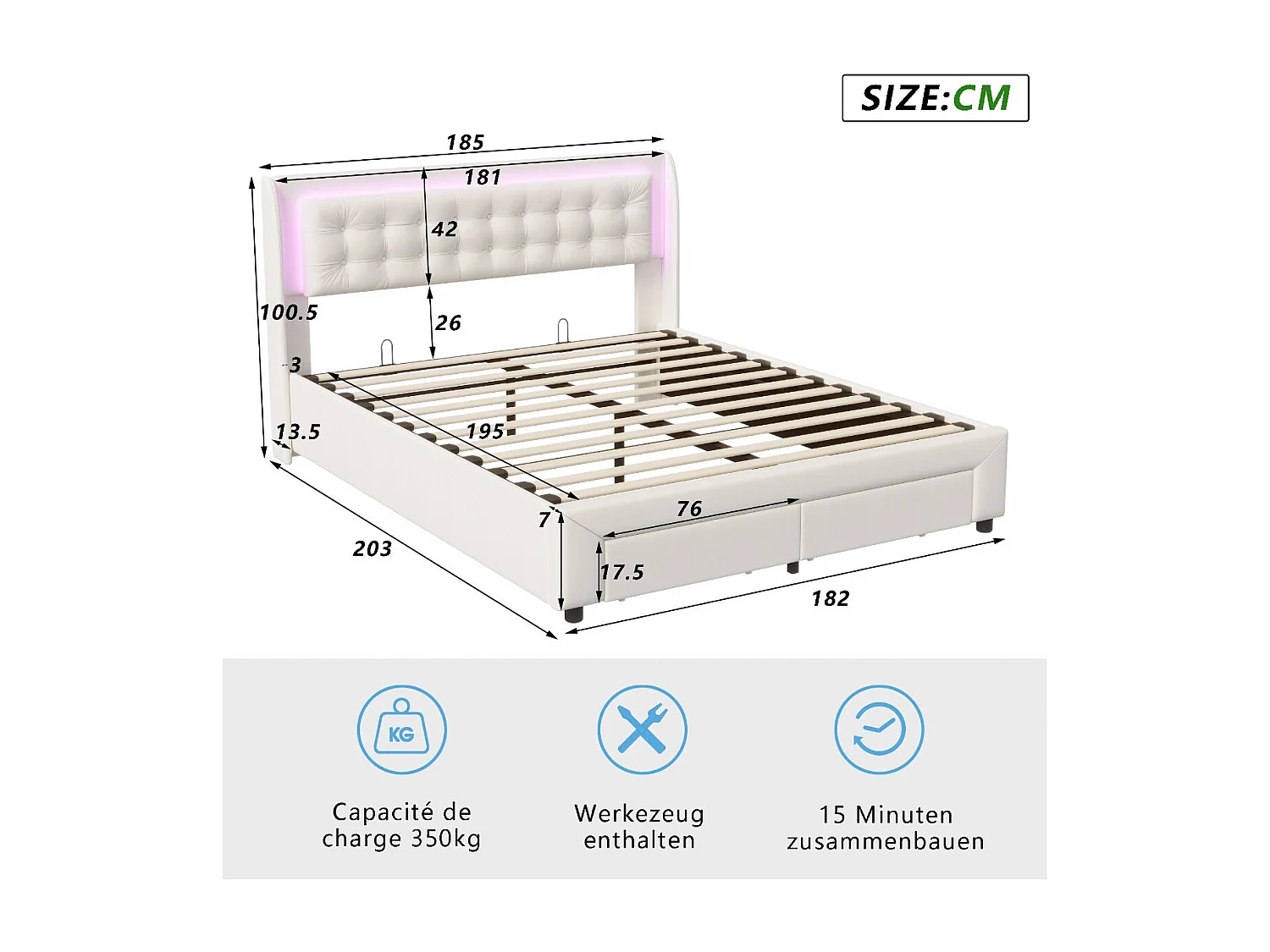 Lit coffre 180x200 cm avec tête de lit éclairée - LEDs RGB - Velours beige - Sommier à lattes - Rangement hydraulique et tiroirs