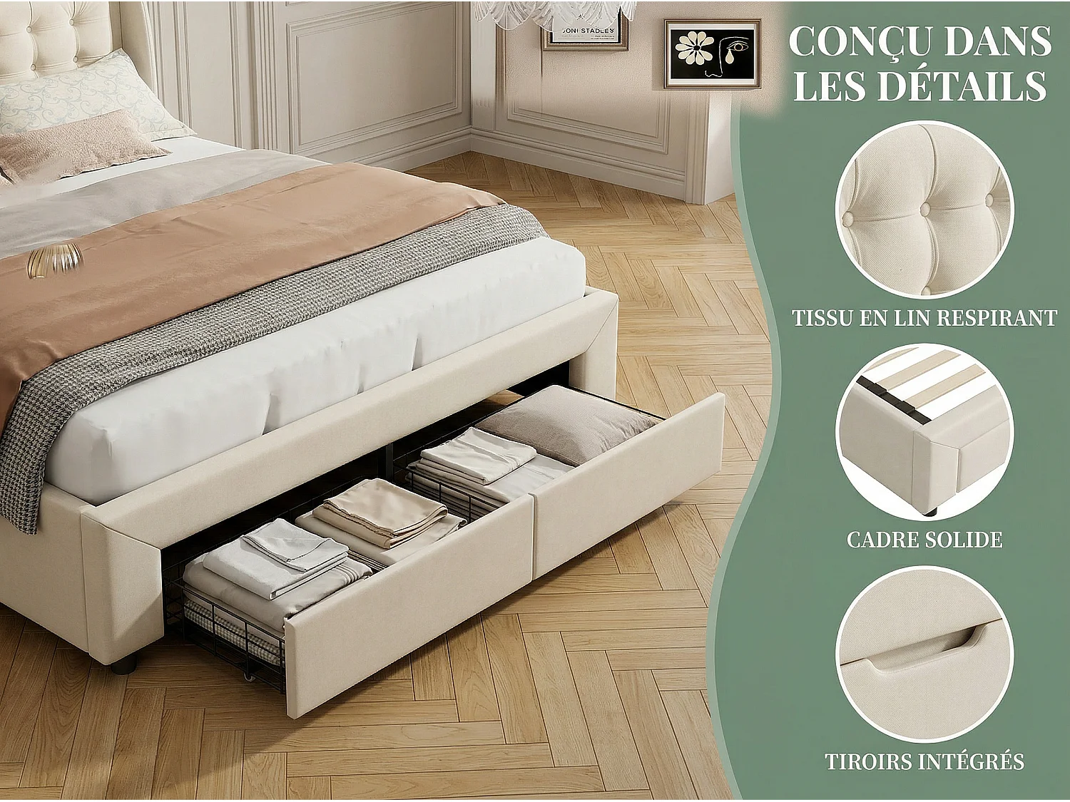 Lit coffre 180x200 cm avec tête de lit éclairée - LEDs RGB - Velours beige - Sommier à lattes - Rangement hydraulique et tiroirs