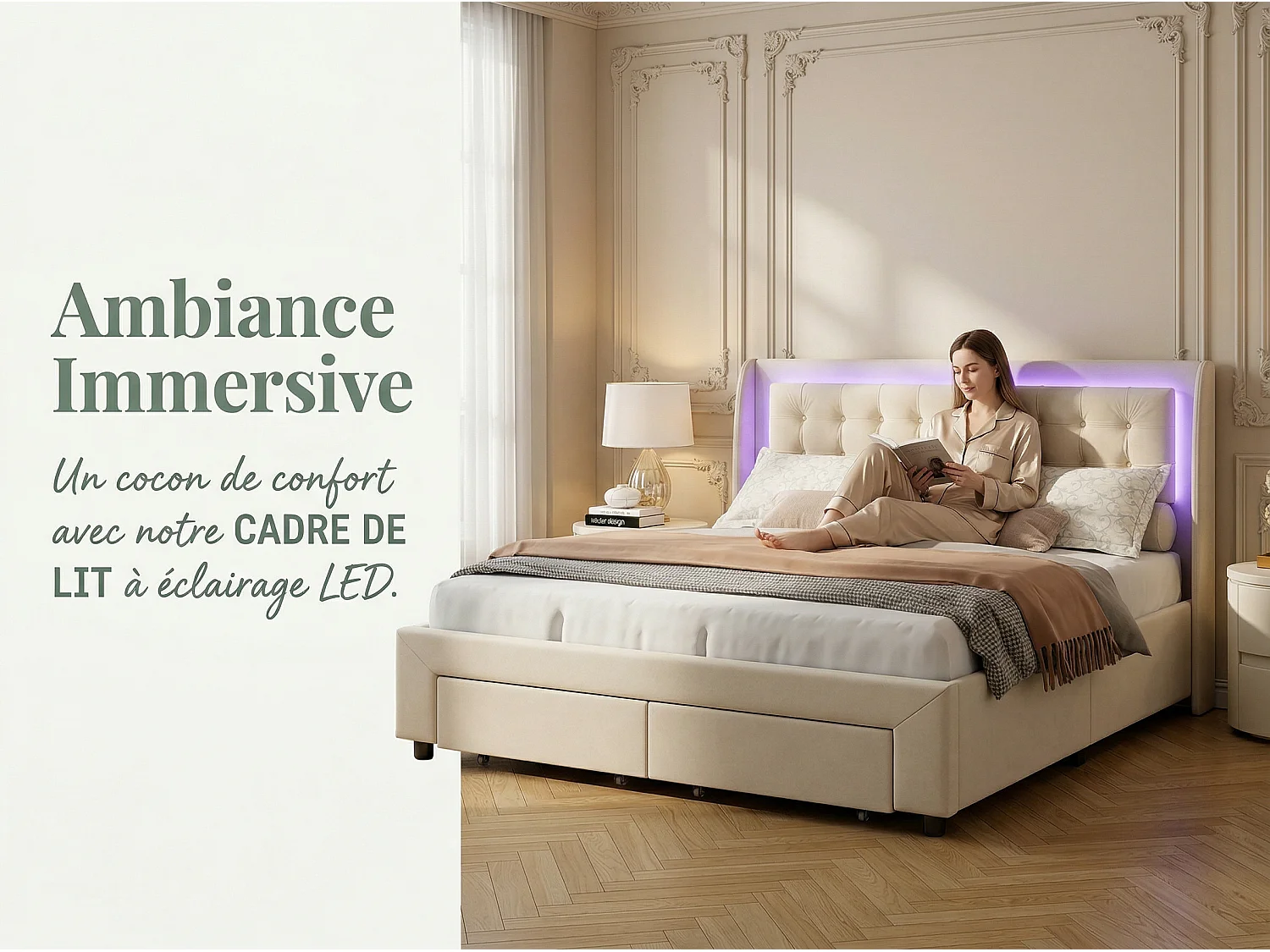 Lit coffre 180x200 cm avec tête de lit éclairée - LEDs RGB - Velours beige - Sommier à lattes - Rangement hydraulique et tiroirs