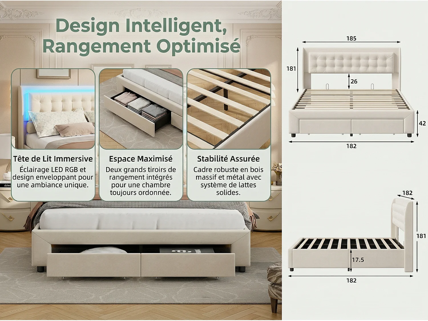Lit coffre 180x200 cm avec tête de lit éclairée - LEDs RGB - Velours beige - Sommier à lattes - Rangement hydraulique et tiroirs