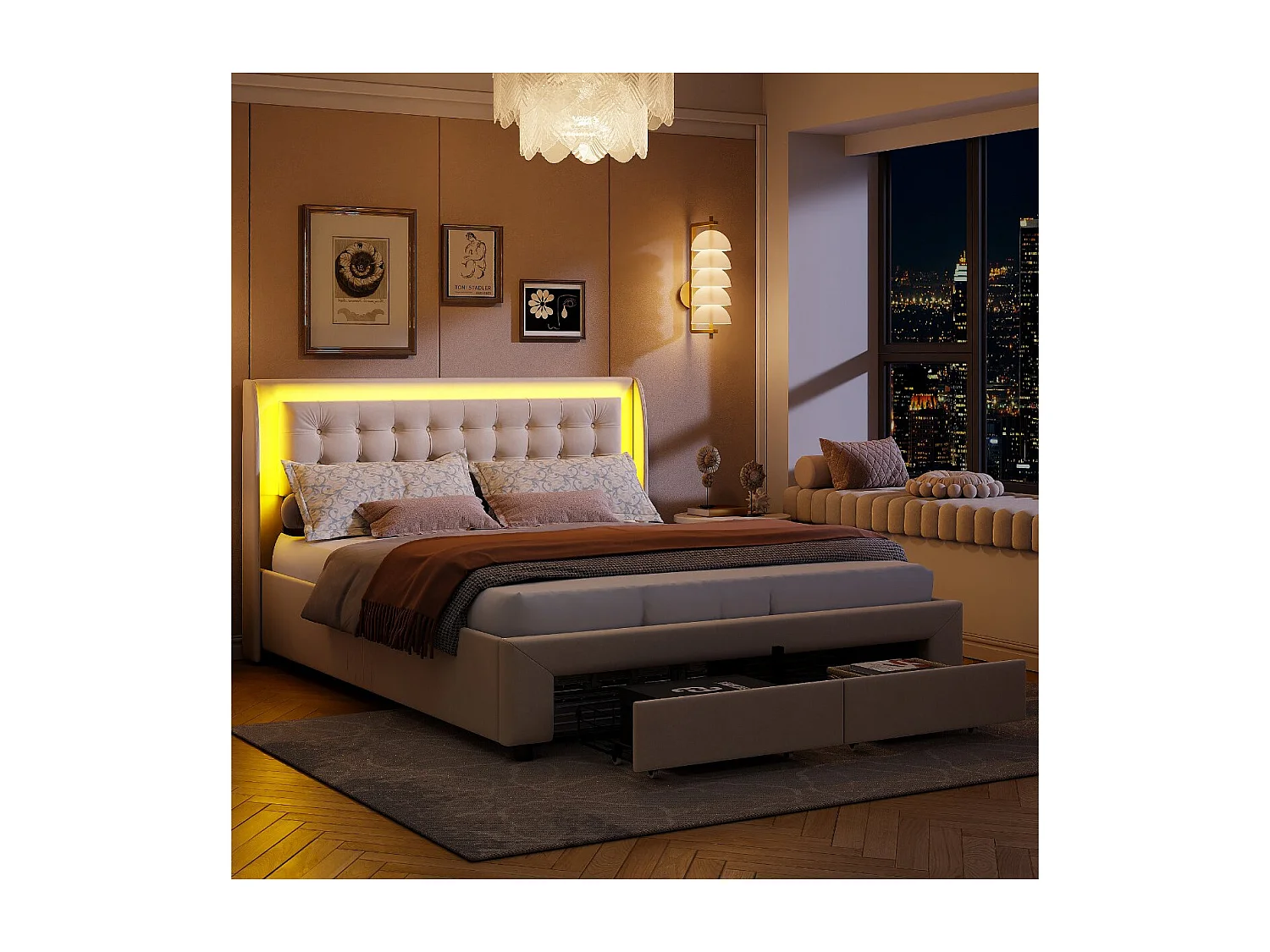 Lit coffre 180x200 cm avec tête de lit éclairée - LEDs RGB - Velours beige - Sommier à lattes - Rangement hydraulique et tiroirs