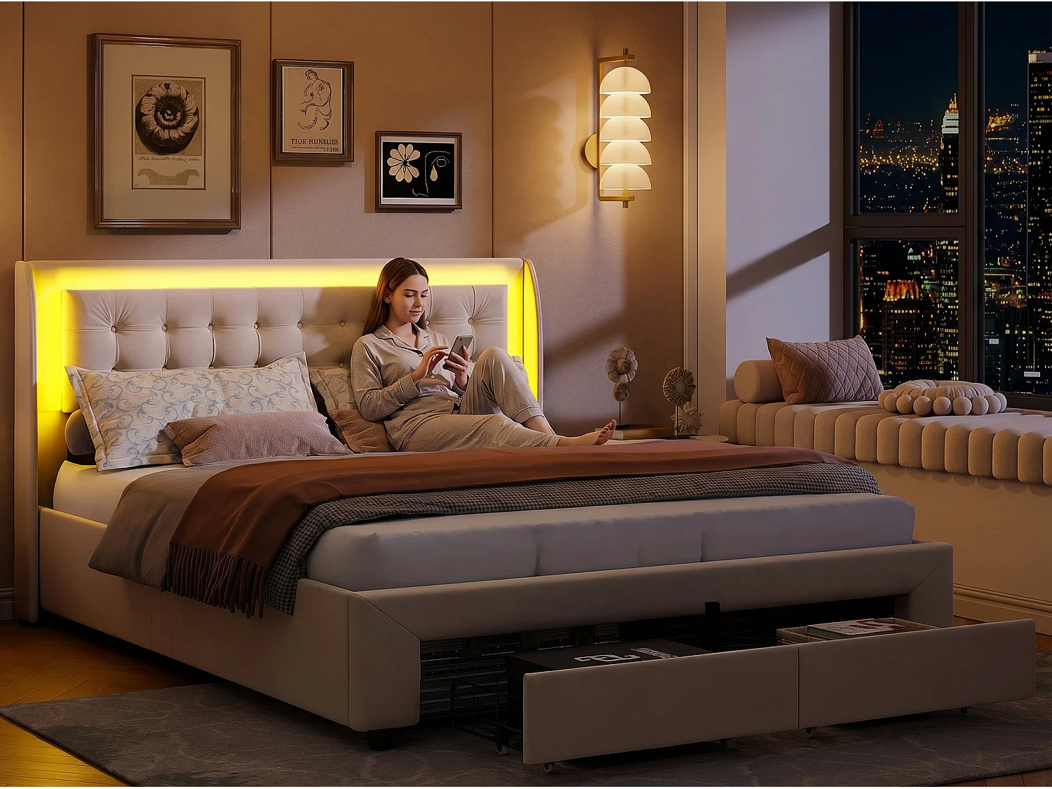 Lit coffre 180x200 cm avec tête de lit éclairée - LEDs RGB - Velours beige - Sommier à lattes - Rangement hydraulique et tiroirs