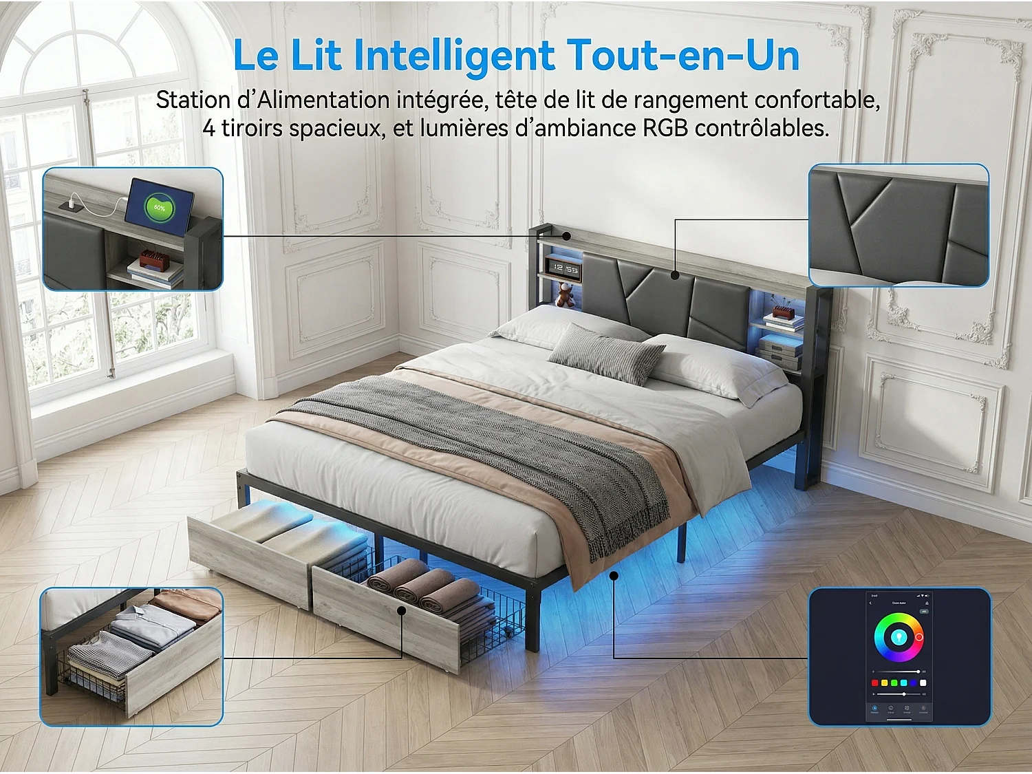 Lit coffre rembourré 160 x 200 cm - PU noir - LED RGB, USB, rangement et 2 tiroirs