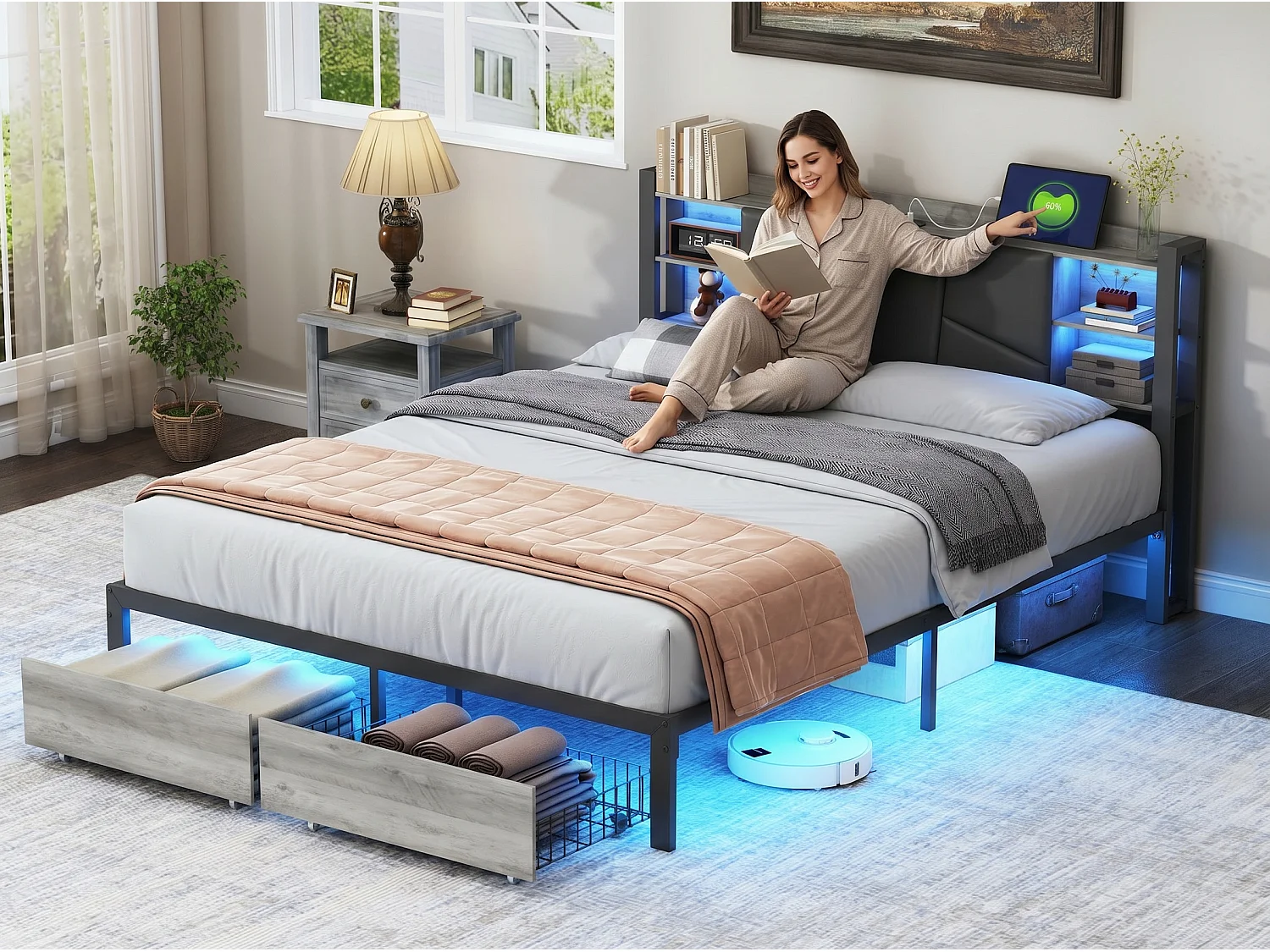 Lit coffre rembourré 160 x 200 cm - PU noir - LED RGB, USB, rangement et 2 tiroirs