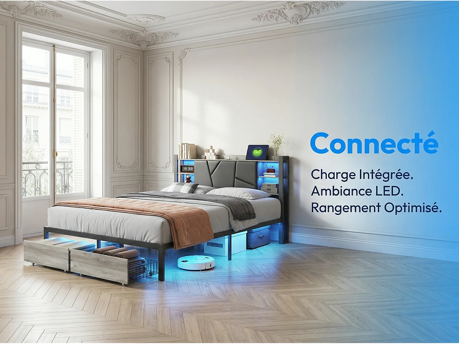 Lit coffre rembourré 160 x 200 cm - PU noir - LED RGB, USB, rangement et 2 tiroirs