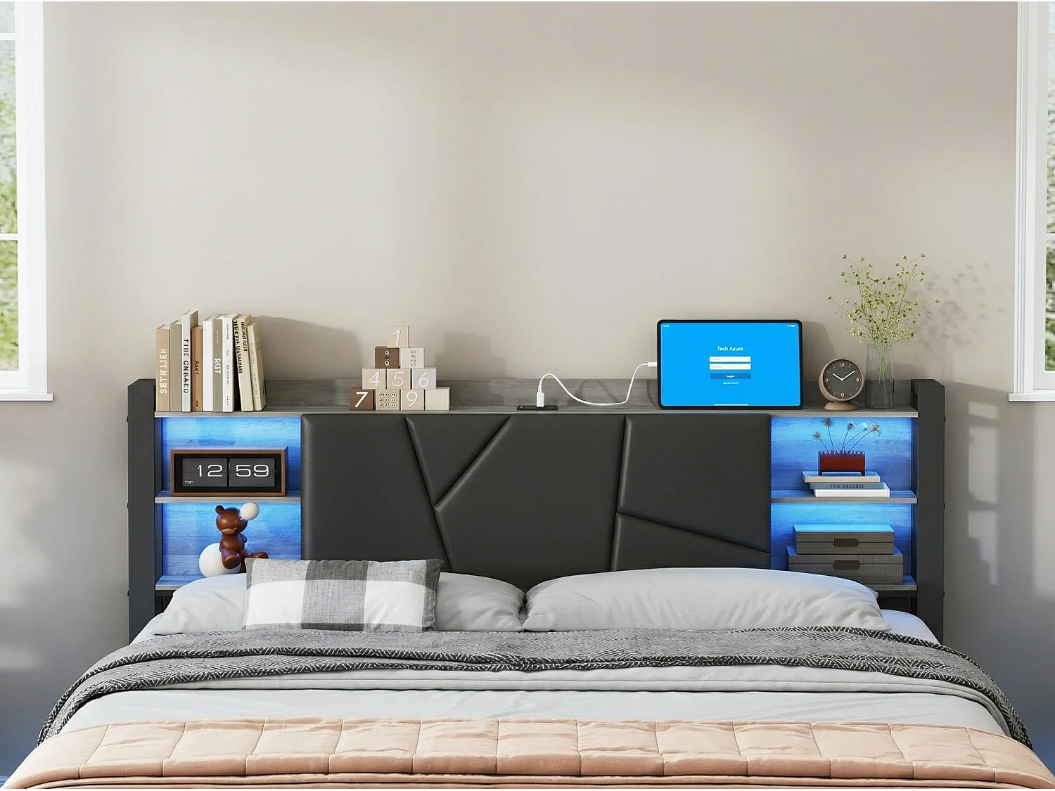 Lit coffre rembourré 160 x 200 cm - PU noir - LED RGB, USB, rangement et 2 tiroirs