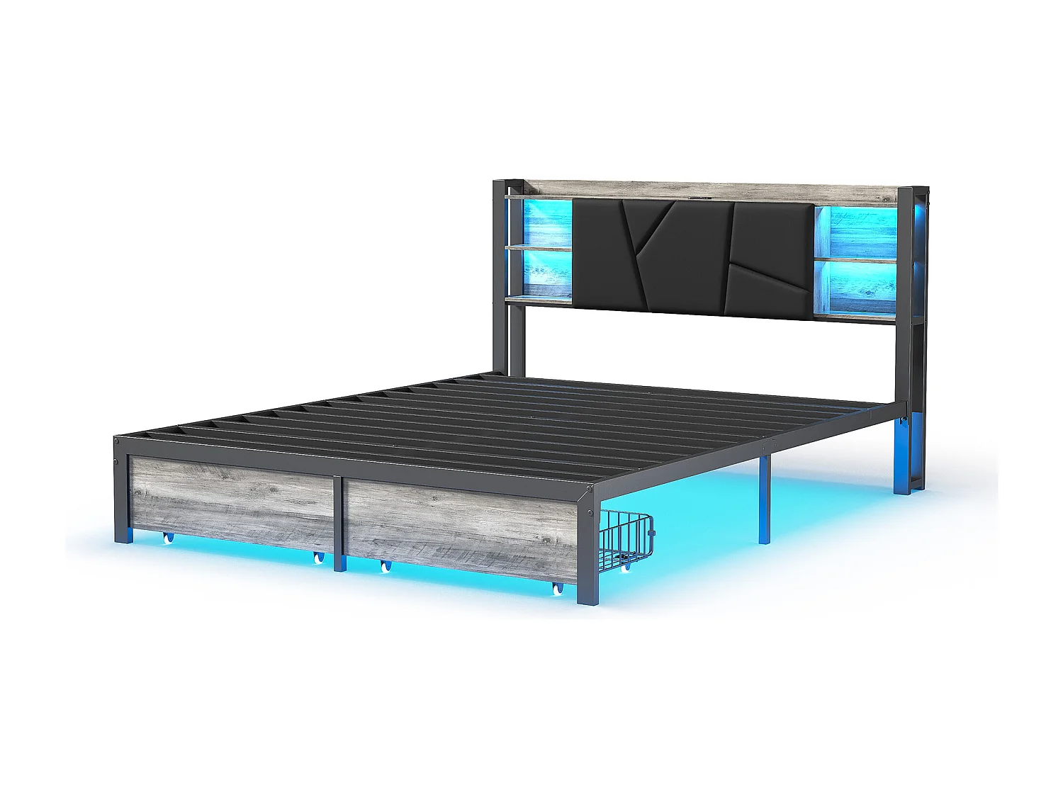 Lit coffre rembourré 160 x 200 cm - PU noir - LED RGB, USB, rangement et 2 tiroirs