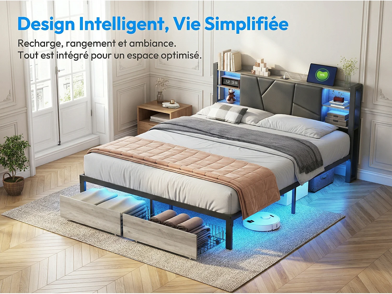 Lit coffre rembourré 160 x 200 cm - PU noir - LED RGB, USB, rangement et 2 tiroirs