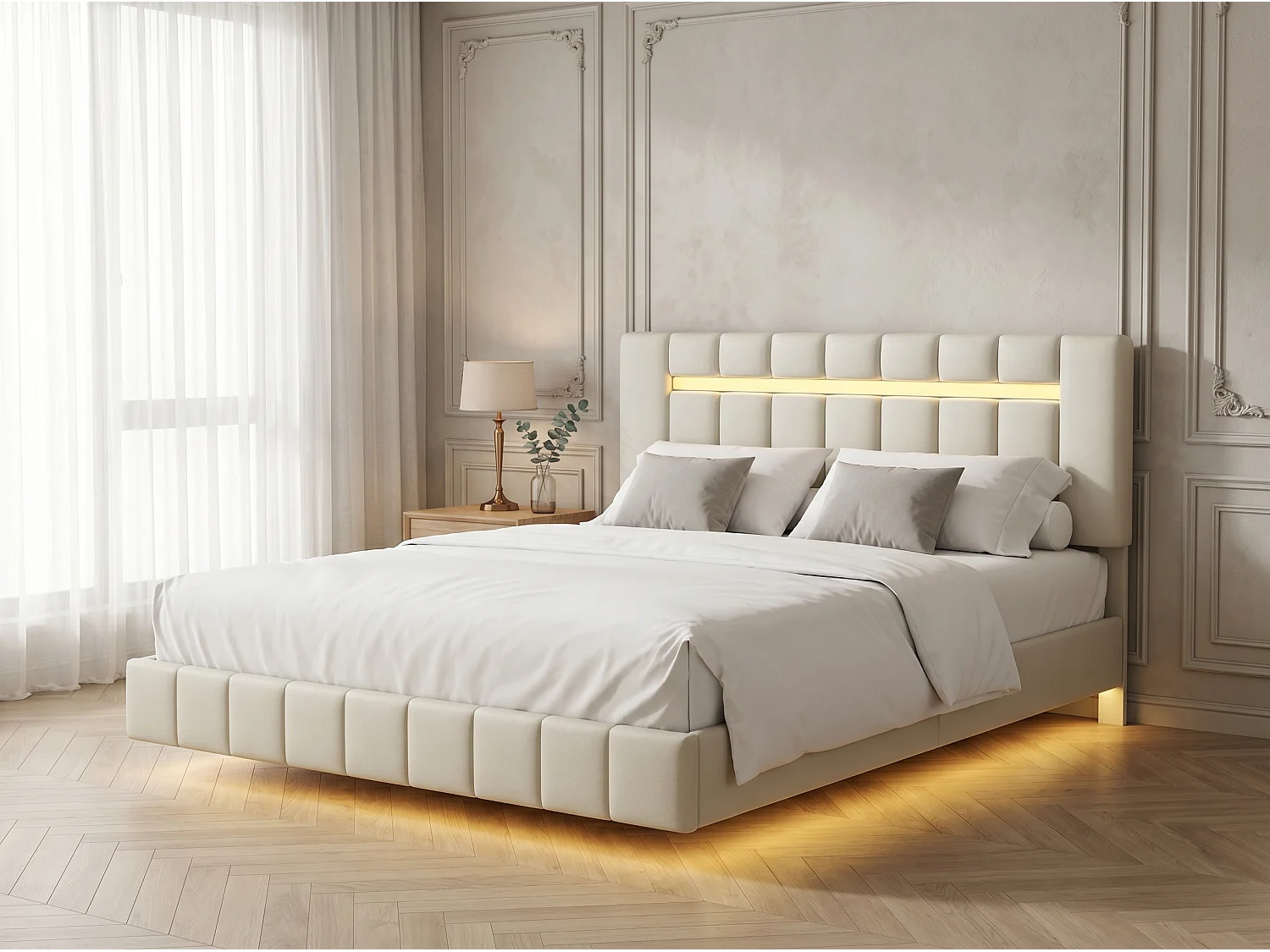Lit 160x200 cm effet flottant avec tête de lit - LEDs - Tissu lin beige - Sommier à lattes