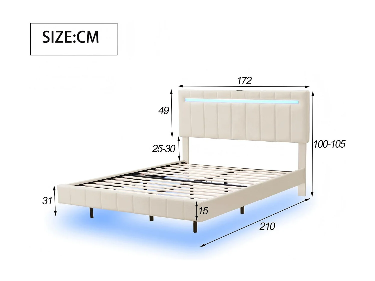 Lit 160x200 cm effet flottant avec tête de lit - LEDs - Tissu lin beige - Sommier à lattes