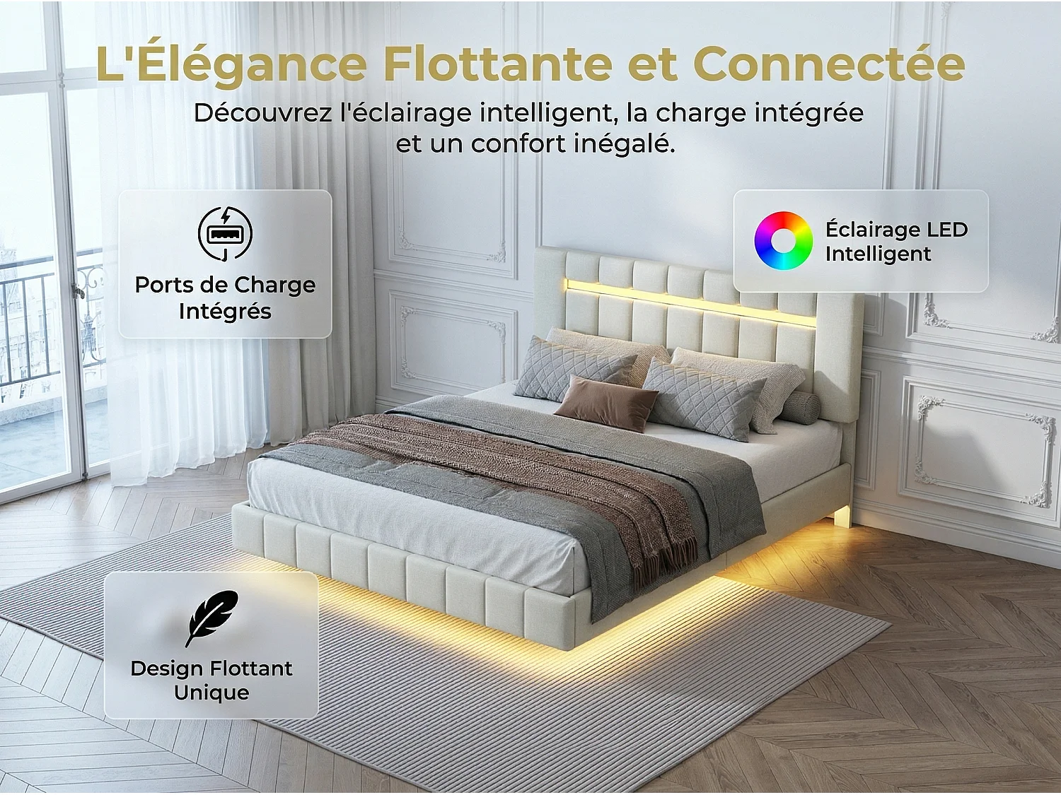Lit 160x200 cm effet flottant avec tête de lit - LEDs - Tissu lin beige - Sommier à lattes
